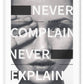 kate moss hand over eye never complain never explain text black and white