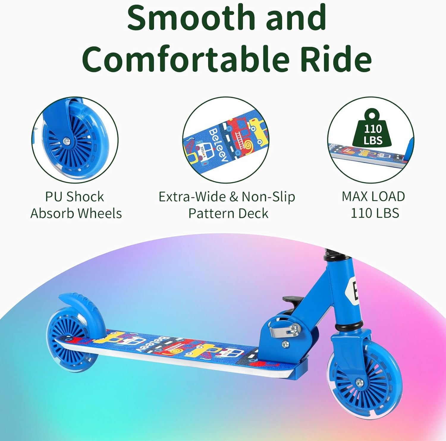 V2 Scooters for Kids with Light-Up Wheels & Stem & Deck, 2 Wheel Folding Scooter for Girls Boys Ages 3-12, 3 Adjustable Height, Non-Slip Pattern Deck, Kick Scooter for Children