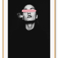 A cutting edge fashion wall art with a sexy smoking lady and pink brush stripe crossing over her eyes on a dark, mysterious cinematic background.