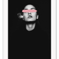 A cutting edge fashion wall art with a sexy smoking lady and pink brush stripe crossing over her eyes on a dark, mysterious cinematic background.