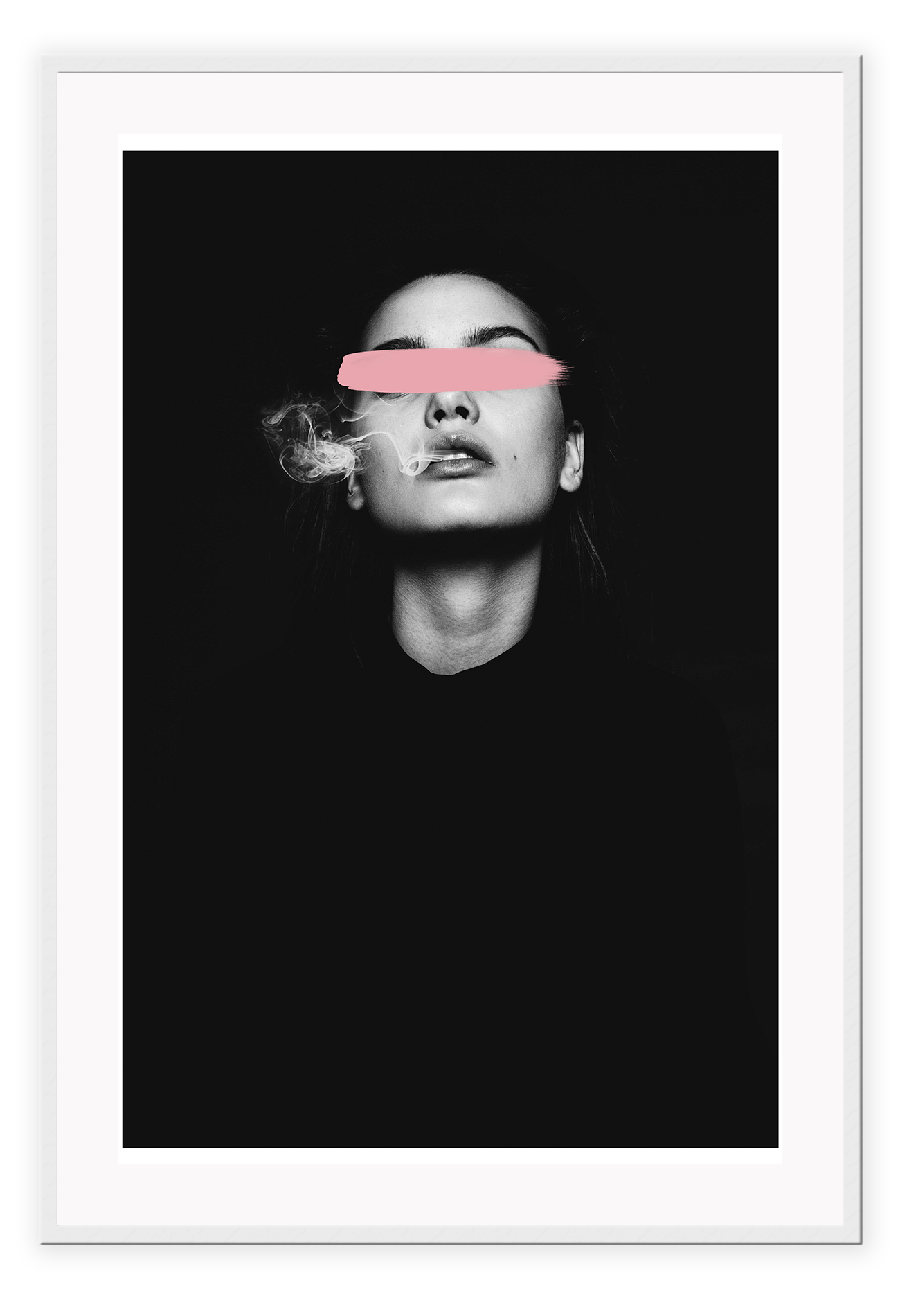 A cutting edge fashion wall art with a sexy smoking lady and pink brush stripe crossing over her eyes on a dark, mysterious cinematic background.