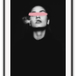 A cutting edge fashion wall art with a sexy smoking lady and pink brush stripe crossing over her eyes on a dark, mysterious cinematic background.