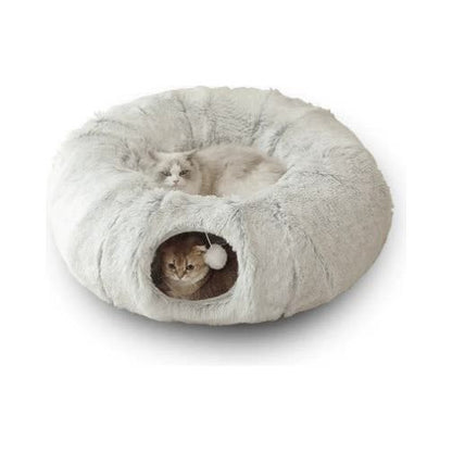 Grey Luxury Plush Cat Bed with Hidden Tunnel - Soft Round Pet Bed for Cats and Small Dogs