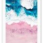 Pink sand ocean photography print with beach ocean sea coastal tones from aerial view. 