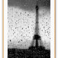 An urban wall art with a window view of raining Paris Eiffel Tower