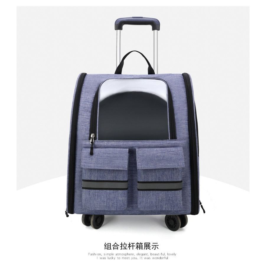 light Blue 3-in-1 Pet Carrier: Rolling Backpack with Collapsible Design