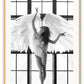 A fashion black and white wall art with the breath of the sun penetrating through big frosted window, back-liting an angel-like bellerina dancing with white feather wings and white leotards.  