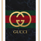 Portrait fashion print with gold gucci logo on green and red stripe with dark grey washed background