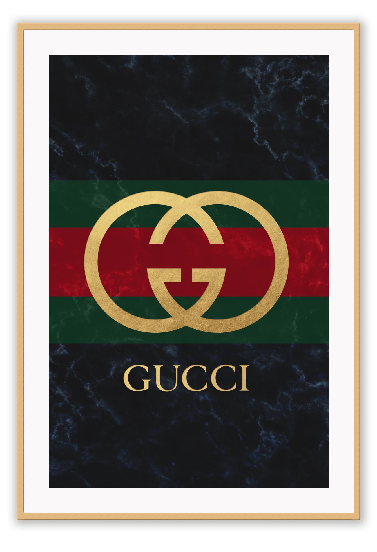 Portrait fashion print with gold gucci logo on green and red stripe with dark grey washed background