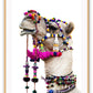 Animal camel print photography bright pink yellow red blue pom pom harness on white background