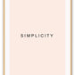 Minimal scandi art portrait of word simplicity word black text on blush rose pink background.