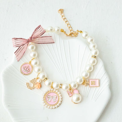 Pink 4-PCS Pearl Charm Pet Necklace - Adjustable Bowknot Collar for Small Dogs & Cats (L: 30+5CM)