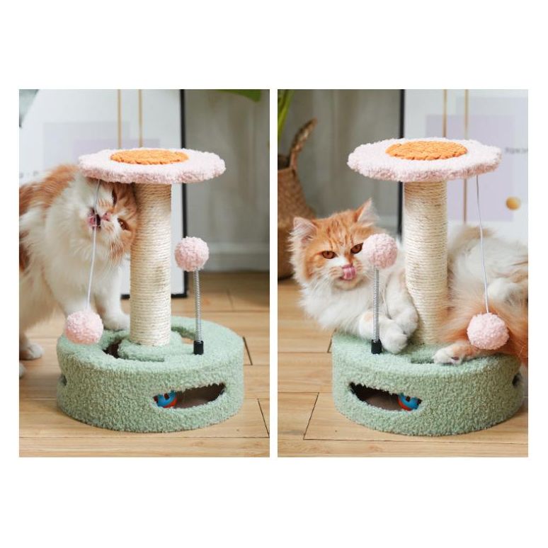 Pink-blue Interactive Cat Scratching Post with Playful Ball Toys, Flower Design - 35cm Height, 26cm Base
