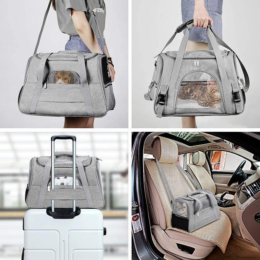 Portable Pet Bag for Small Dogs and Cats - Dark blue Travel Tote with Pet Mat (44x25x28cm)