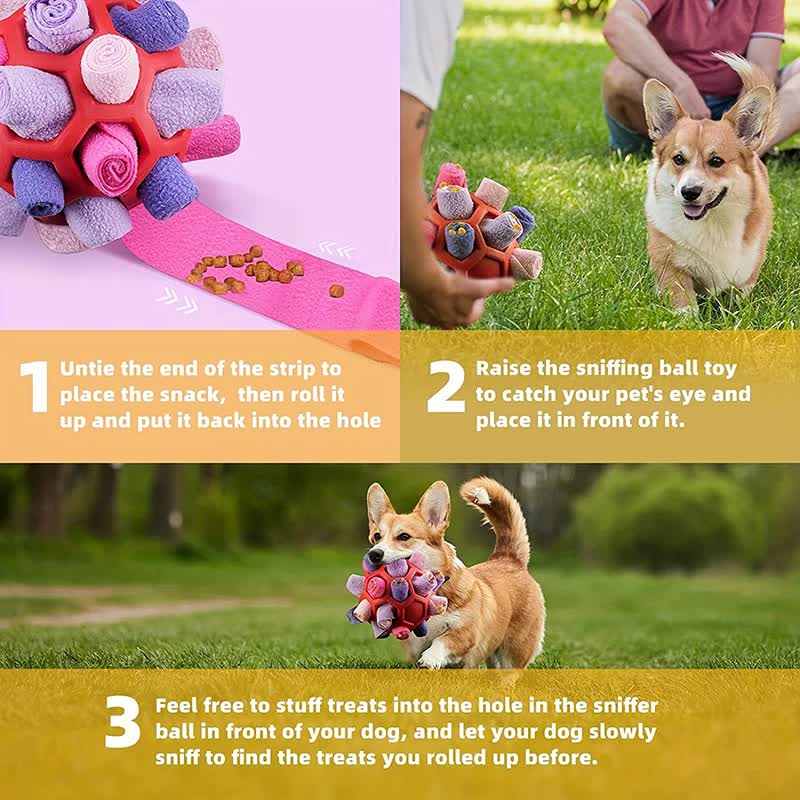Purple Ball And Colorful Strips Of Fabric Interactive Pet Snuffle Ball - Treat-Dispensing Toy for Dogs and Cats, 20 cm TPR and Felt Fabric for Mental Stimulation