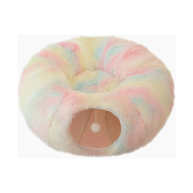 Rainbow Luxury Plush Cat Bed with Hidden Tunnel - Soft Round Pet Bed for Cats and Small Dogs
