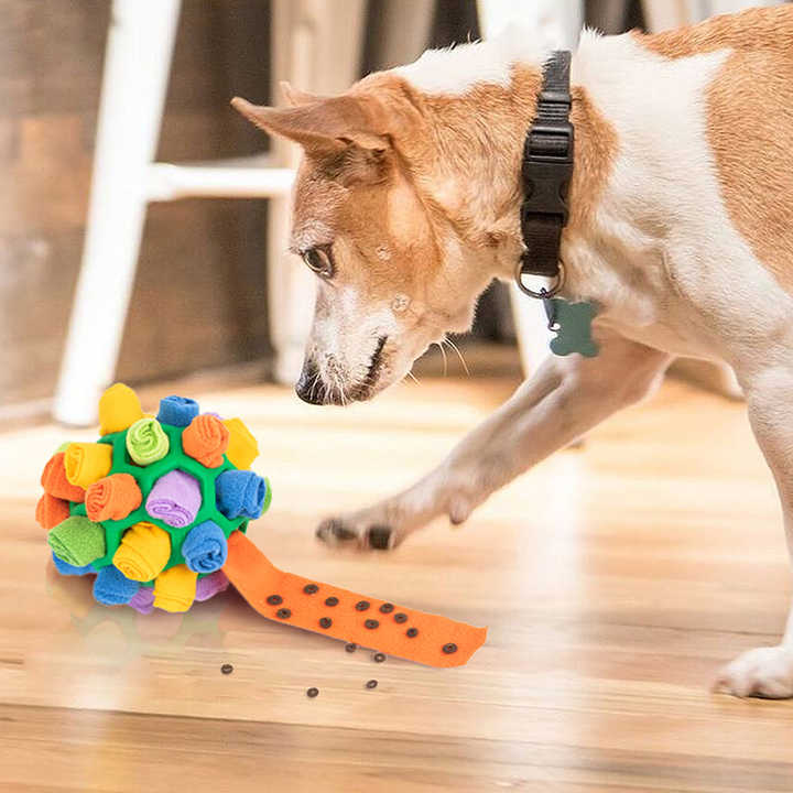 Red Ball And Colorful Strips Of Fabric Interactive Pet Snuffle Ball - Treat-Dispensing Toy for Dogs and Cats, 20 cm TPR and Felt Fabric for Mental Stimulation