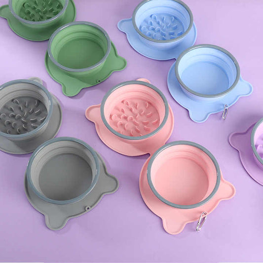 Red Portable Collapsible Pet Bowl Set - Food-Grade Silicone Double Bowl for Dogs & Cats, Anti-Slip & Easy to Clean