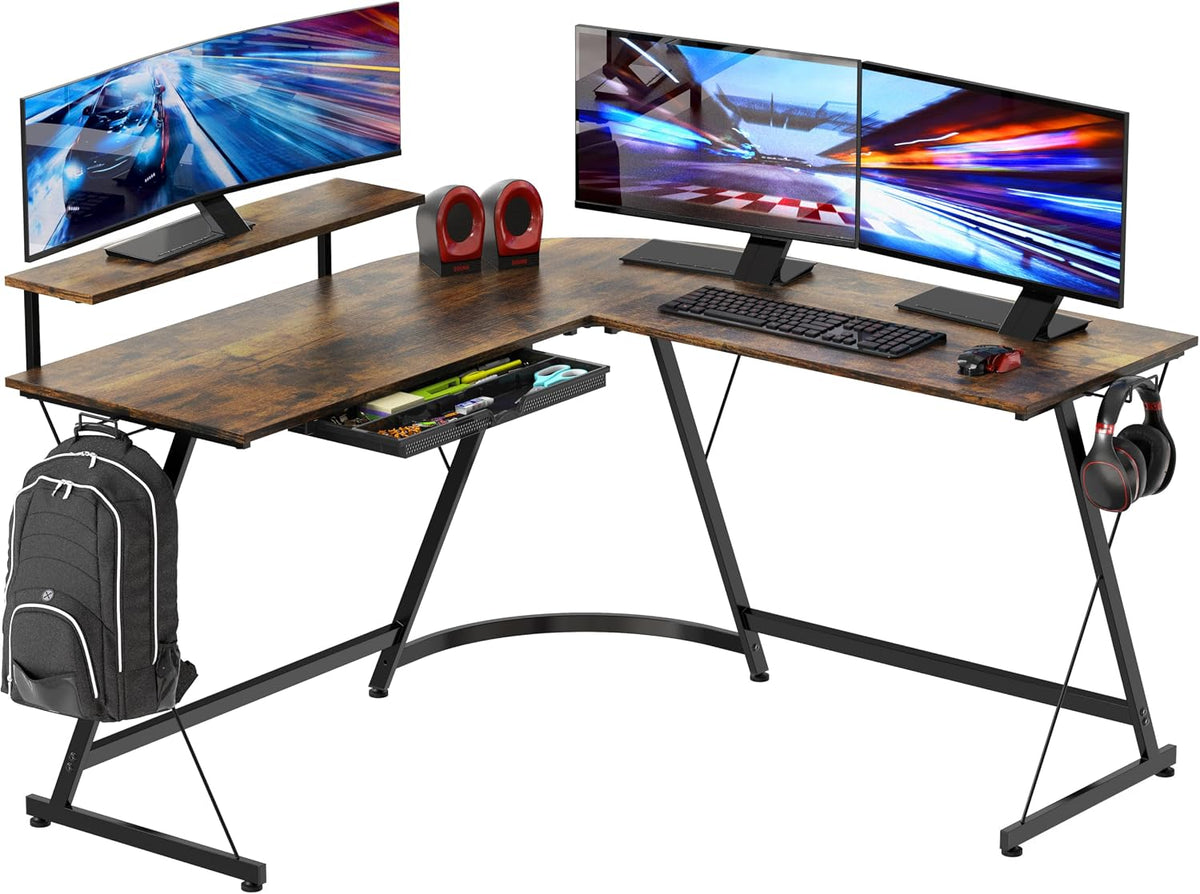 L-Shaped Desk with Monitor Stand 129cm