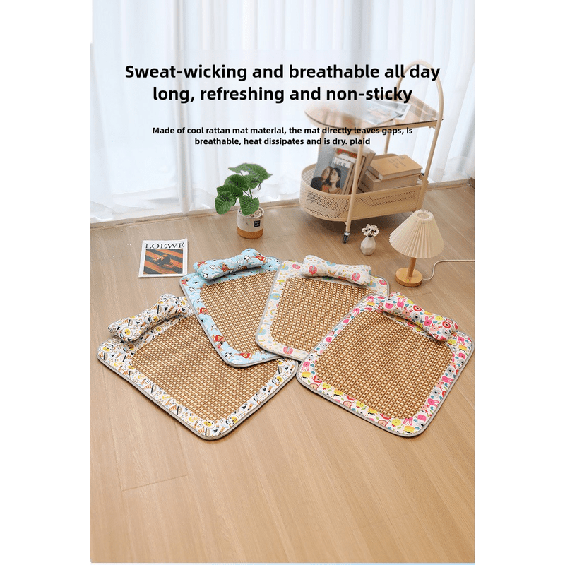 Size S Style 4 Blue And Brown Pet Cooling Mat for Dogs and Cats - Summer Breathable Woven Rattan Bed with Sponge Cushion, Durable and Chew-Resistant