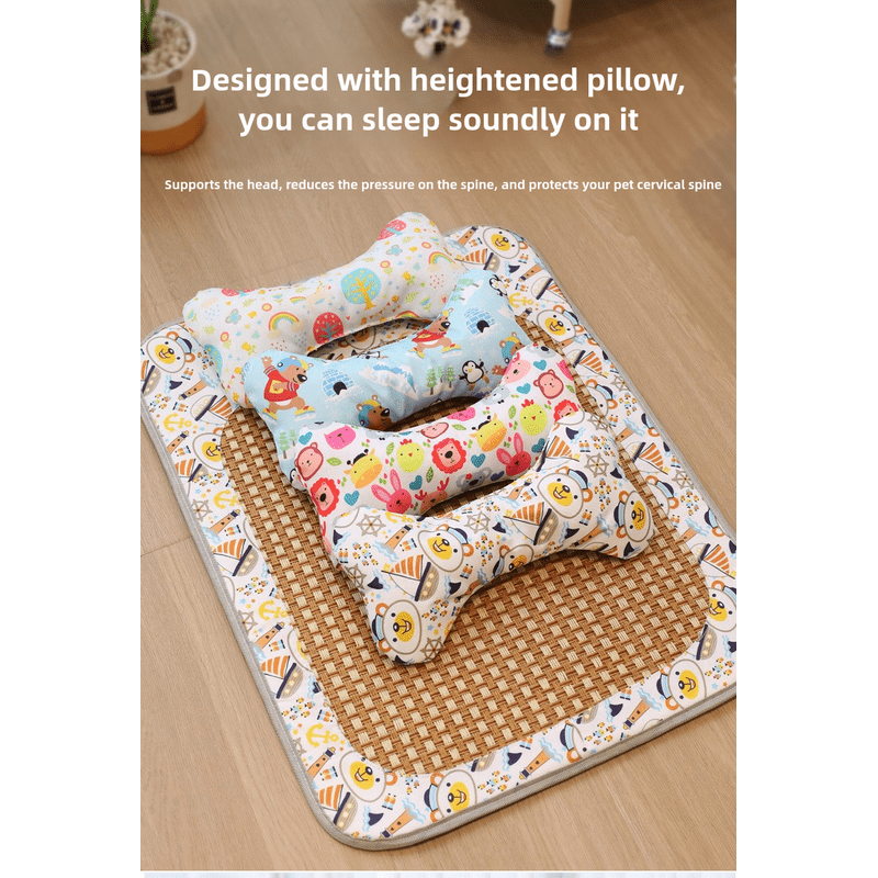 Size S Style 4 Blue And Brown Pet Cooling Mat for Dogs and Cats - Summer Breathable Woven Rattan Bed with Sponge Cushion, Durable and Chew-Resistant