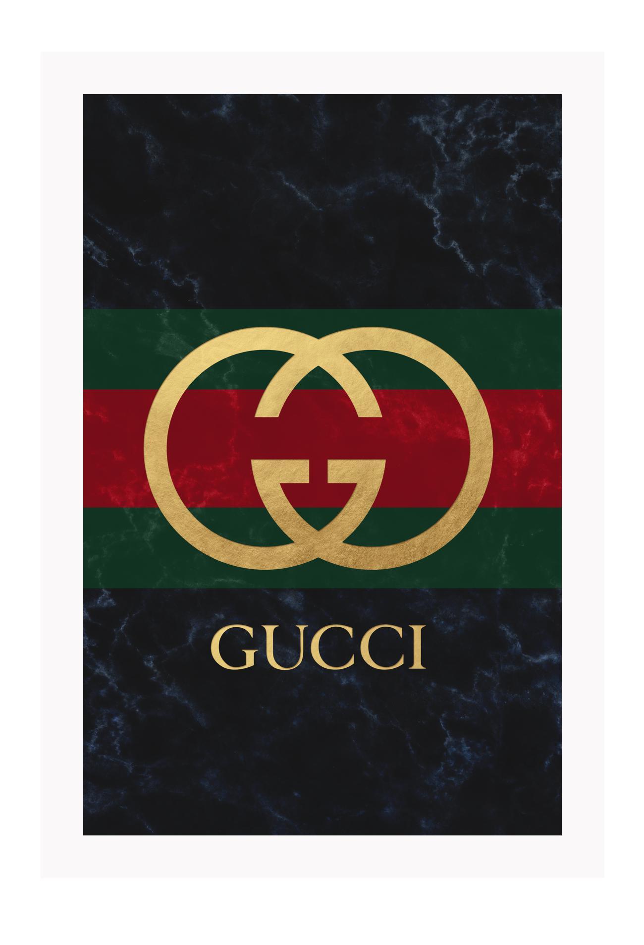 Portrait fashion print with gold gucci logo on green and red stripe with dark grey washed background