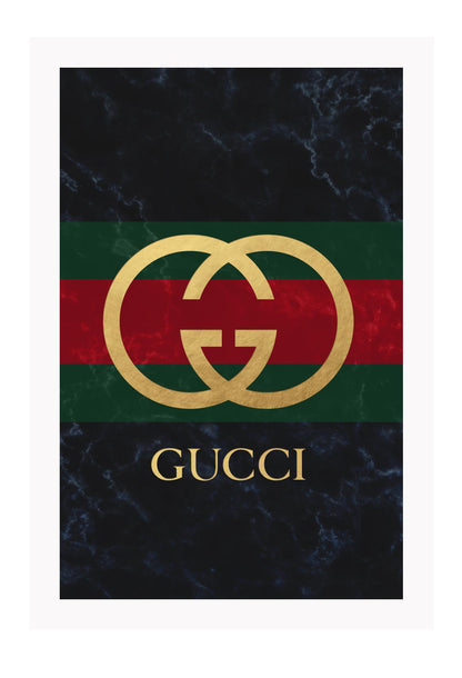 Portrait fashion print with gold gucci logo on green and red stripe with dark grey washed background