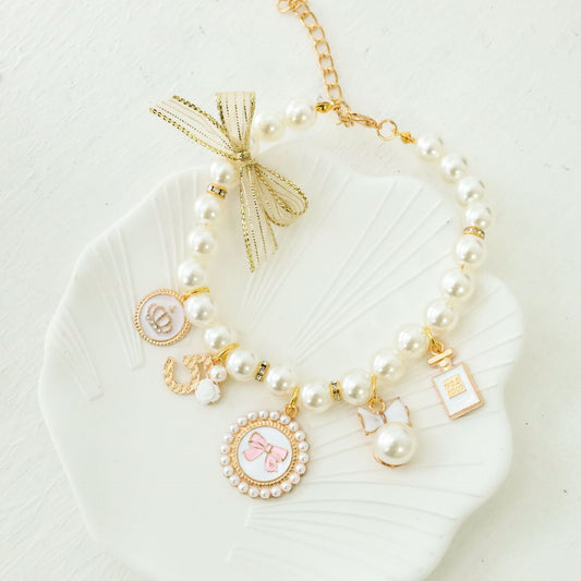 White 4-PCS Pearl Charm Pet Necklace - Adjustable Bowknot Collar for Small Dogs & Cats (L: 30+5CM)