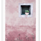 Minimal boho pink window portrait with green succulent in morocco texture architecture 