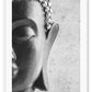 Photography print of black and white buddha half of face with textured grey background