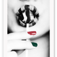 Black and white modern print featuring a woman sucking a lollypop with one green one red finger nail and striped lipstick.