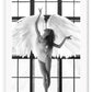 A fashion black and white wall art with the breath of the sun penetrating through big frosted window, back-liting an angel-like bellerina dancing with white feather wings and white leotards.  