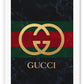 Portrait fashion print with gold gucci logo on green and red stripe with dark grey washed background