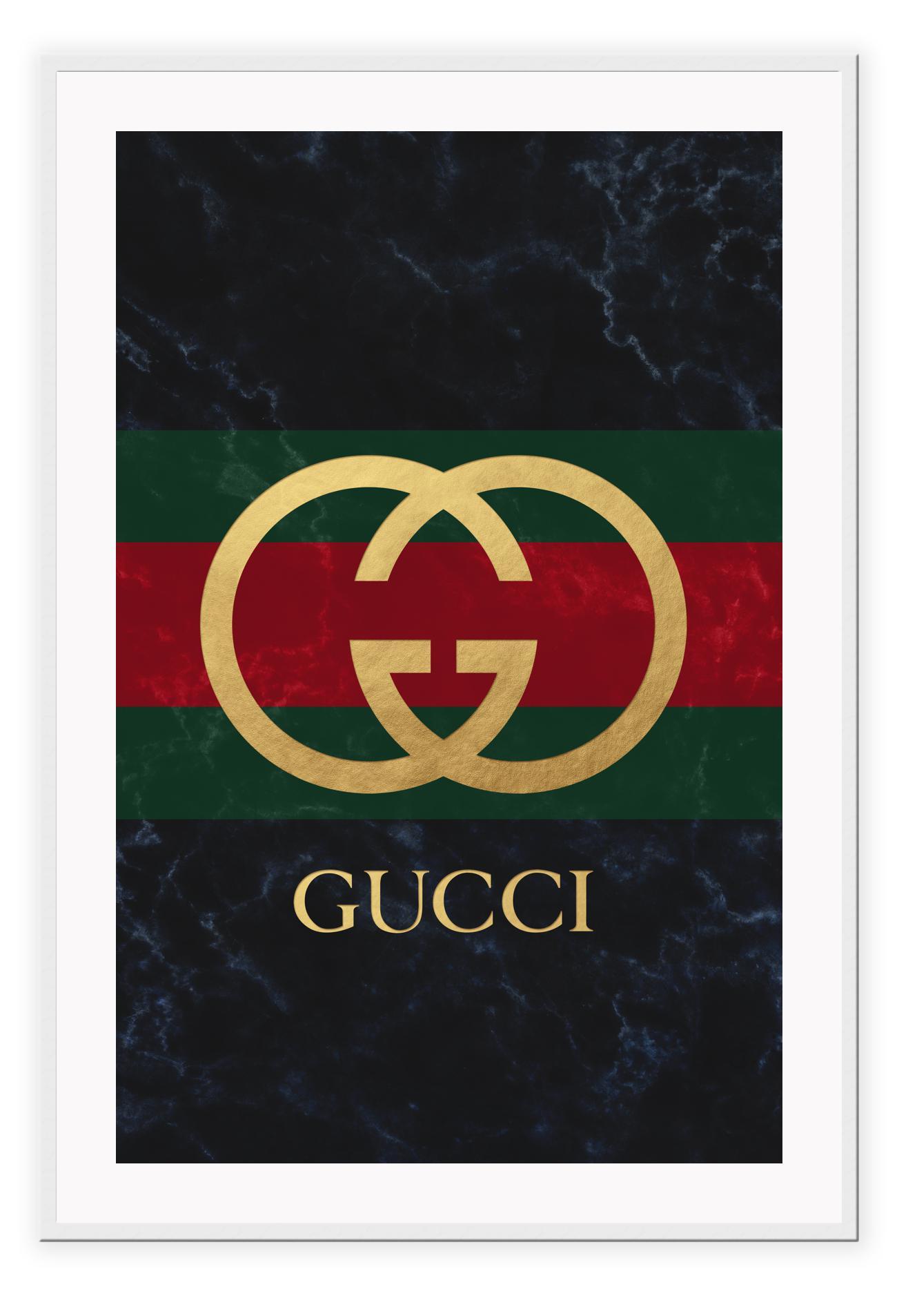 Portrait fashion print with gold gucci logo on green and red stripe with dark grey washed background