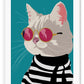 Cartoon style animated print with a white cat in a black and white striped jumper wearing pink round sunglasses on a teal background.
