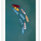 Blue ocean boats on water colourful red yellow beige white in line