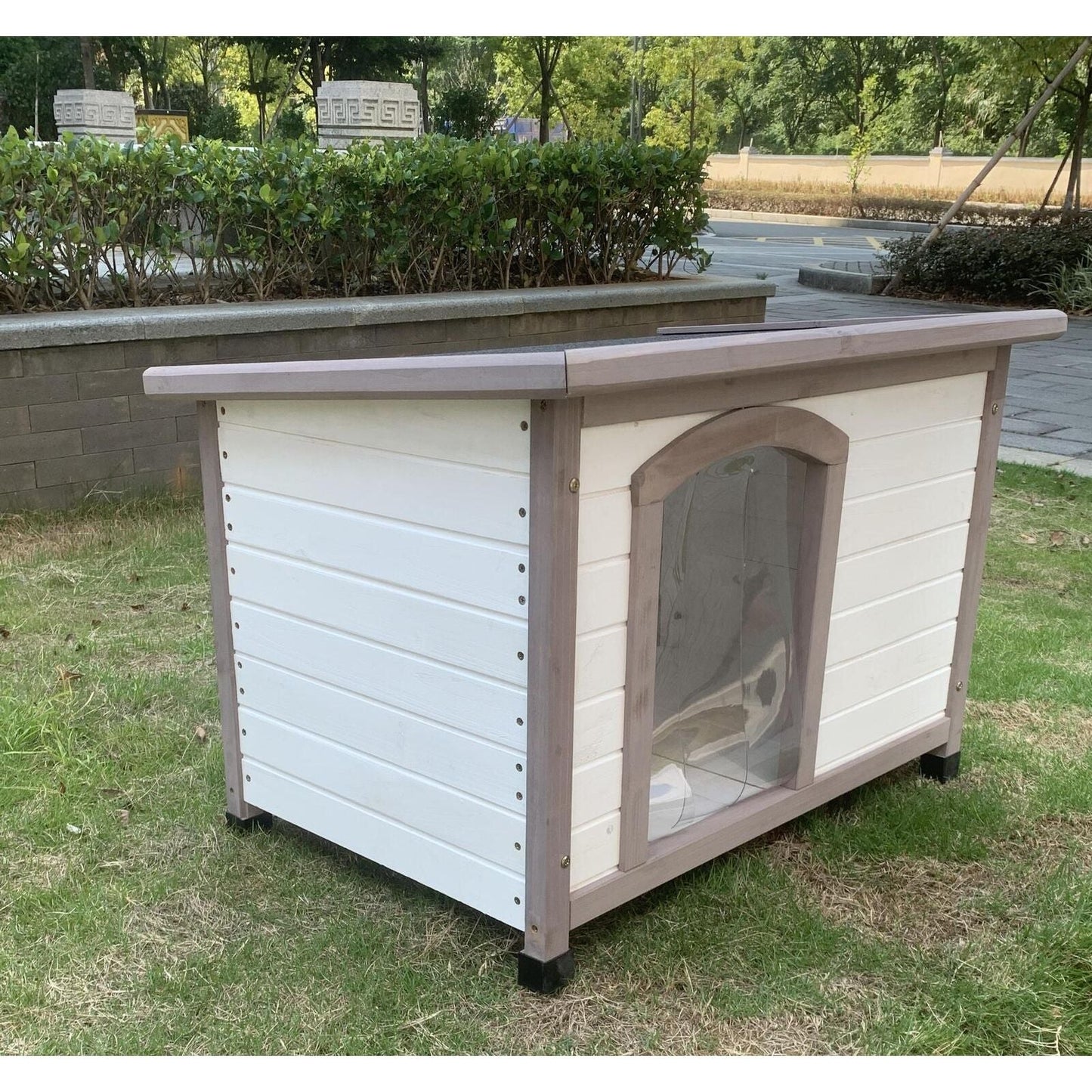 YES4PETS M Timber Pet Dog Kennel House Puppy Wooden Timber Cabin With Stripe White