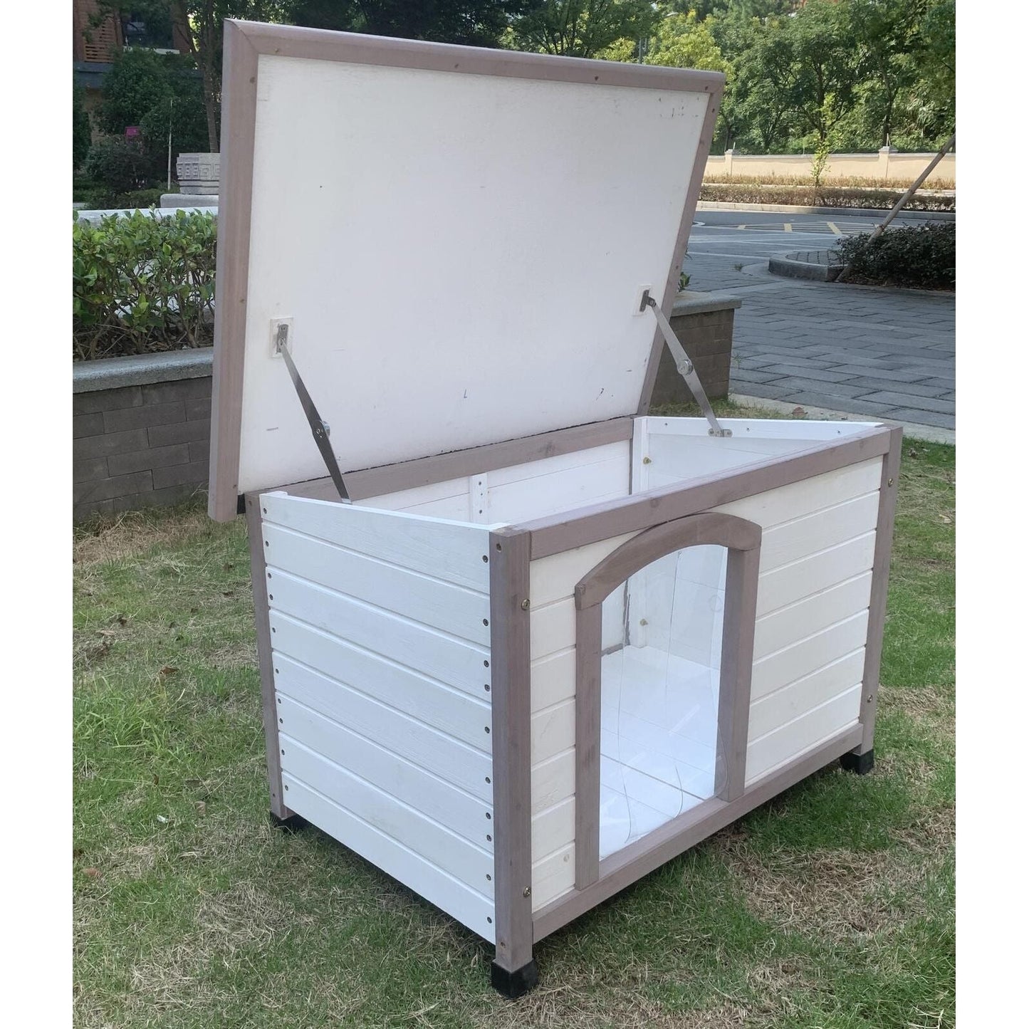 YES4PETS M Timber Pet Dog Kennel House Puppy Wooden Timber Cabin With Stripe White