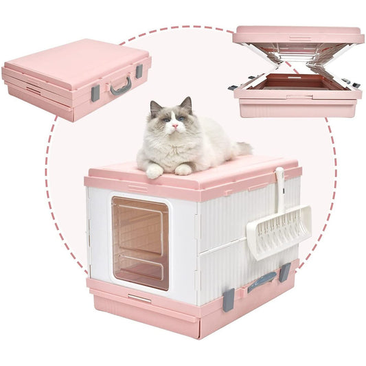 YES4PETS XL Portable Cat Toilet Litter Box Tray Foldable House with Handle and Scoop Pink