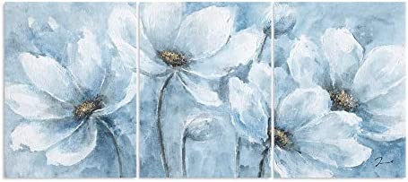 B BLINGBLING Magnolia Flower Picture Wall Decor: Blue and White Flower Canvas Wall Art for Bedroom Floral Painting Frame Ready to Hang (12"x16"x3 Panels)