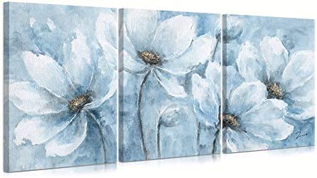 B BLINGBLING Magnolia Flower Picture Wall Decor: Blue and White Flower Canvas Wall Art for Bedroom Floral Painting Frame Ready to Hang (12"x16"x3 Panels)