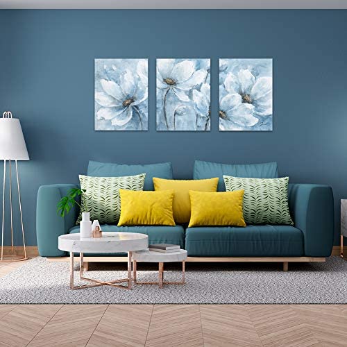 B BLINGBLING Magnolia Flower Picture Wall Decor: Blue and White Flower Canvas Wall Art for Bedroom Floral Painting Frame Ready to Hang (12"x16"x3 Panels)