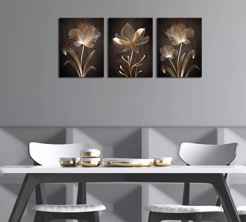 Abstract Wall Art Golden Flowers Canvas Pictures Contemporary Minimalism Abstract Artwork for Bedroom Bathroom Living Room Wall Decor 12" x 16" x 3 Pieces