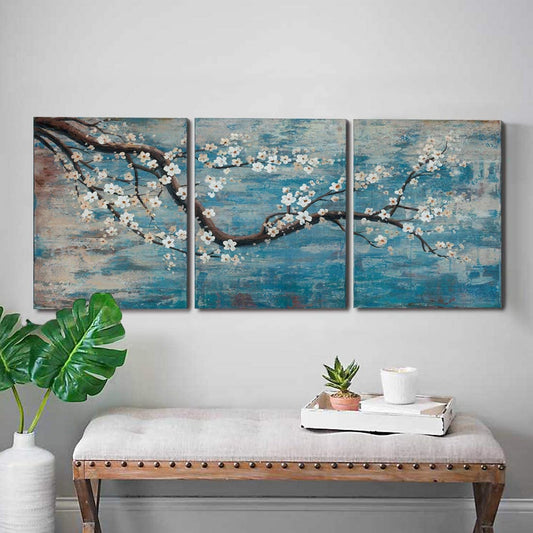 Ejart 3 Piece Wall Art Hand-Painted Framed Flower Oil Painting On Canvas Gallery Wrapped Modern Floral Artwork for Living Room Bedroom Décor Teal Blue Lake Ready to Hang 36"x16", oil, 36 x 16 inch