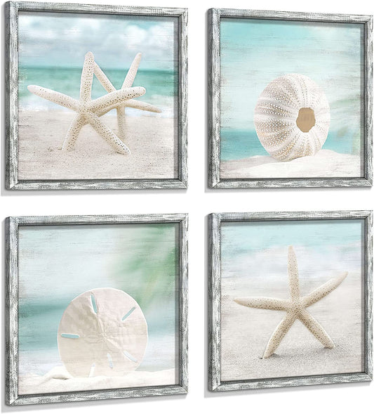 Beach Framed Wooden Wall Art: Coastal Artwork Set of 4 Starfish Seashell & Sand Dollar Pictures Ocean Prints for Home Decor