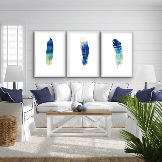 Blue Feather Watercolour Wall Art Prints - Three Piece Art Print Set