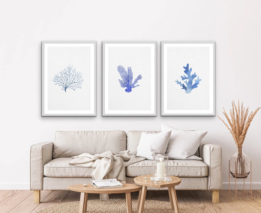 Hamptons Blue Coral Seaside Wall Art Prints - Three Piece Art Print
