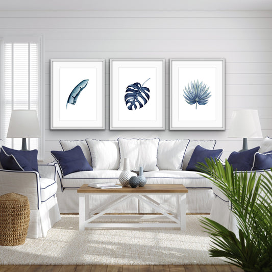Hamptons Blue Monstera - Three Piece Watercolour Hamptons Blue Print Set