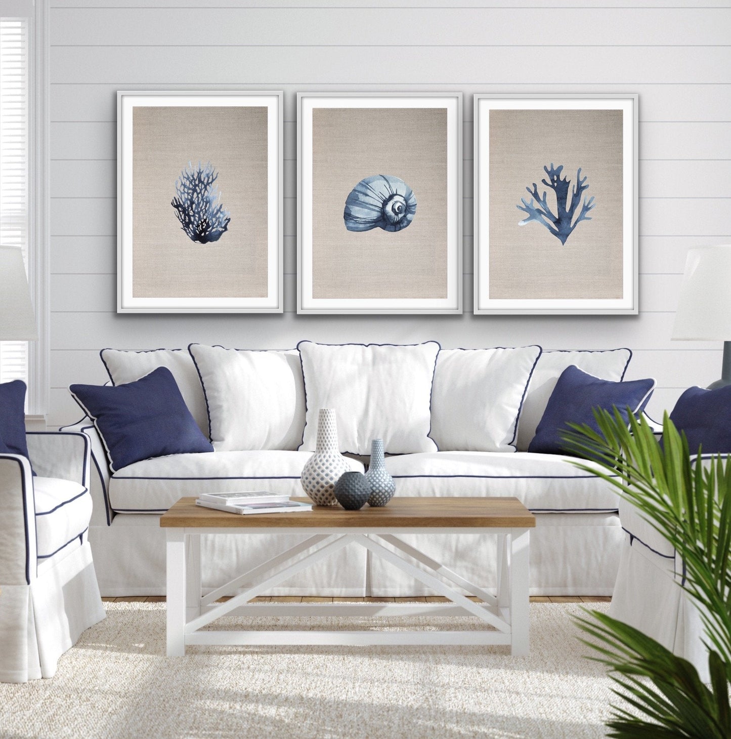 Hamptons Dark Coral On Linen Seaside Wall Art Prints - Three Piece Art Print