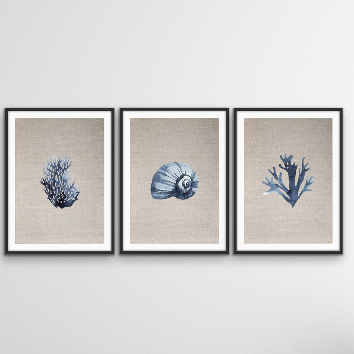 Hamptons Dark Coral On Linen Seaside Wall Art Prints - Three Piece Art Print